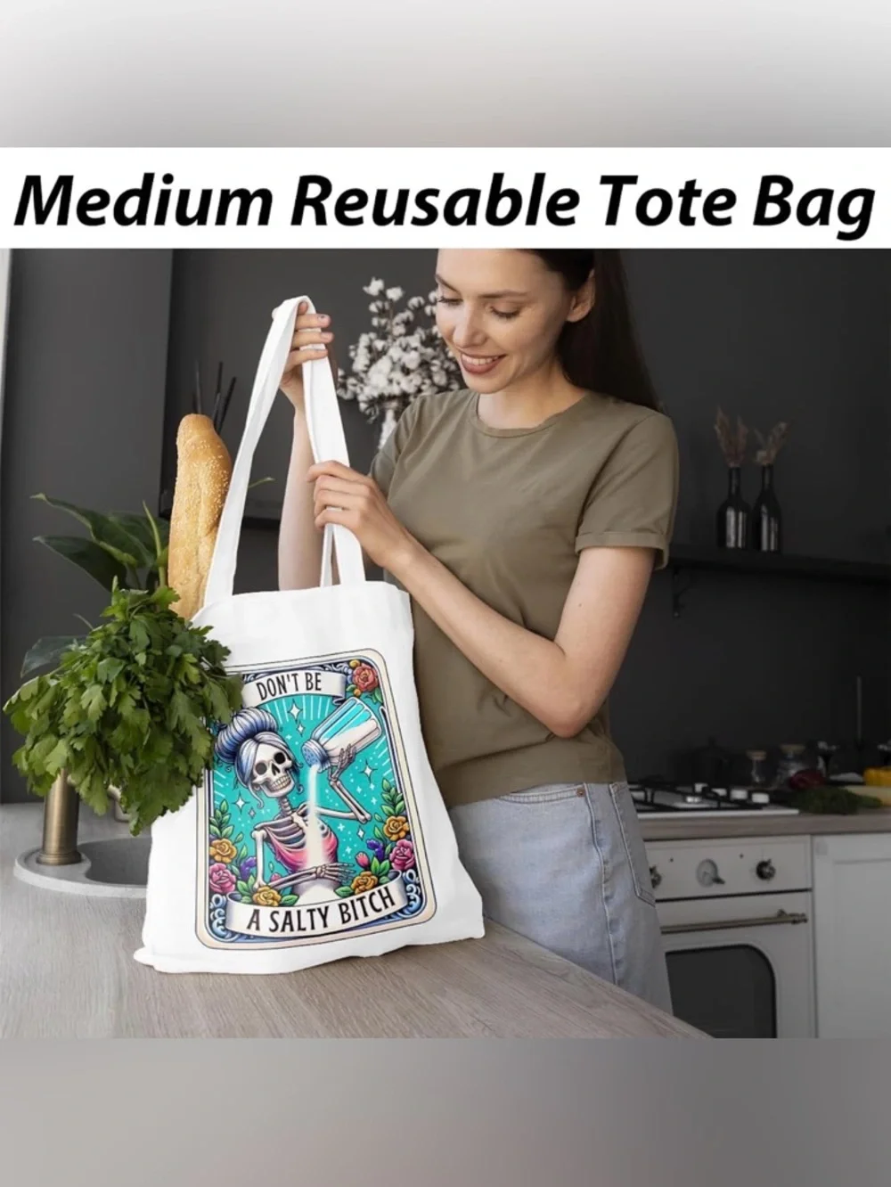 NWT Don't Be A Salty B!tch Skeleton Tote Bag Cotton Eco-Friendly Tarot Style - Picture 3 of 7